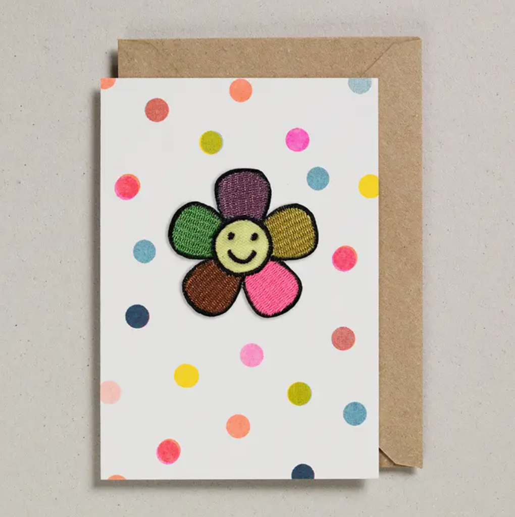 Geburtstagskarte mit Bügelpatch Happy Flower